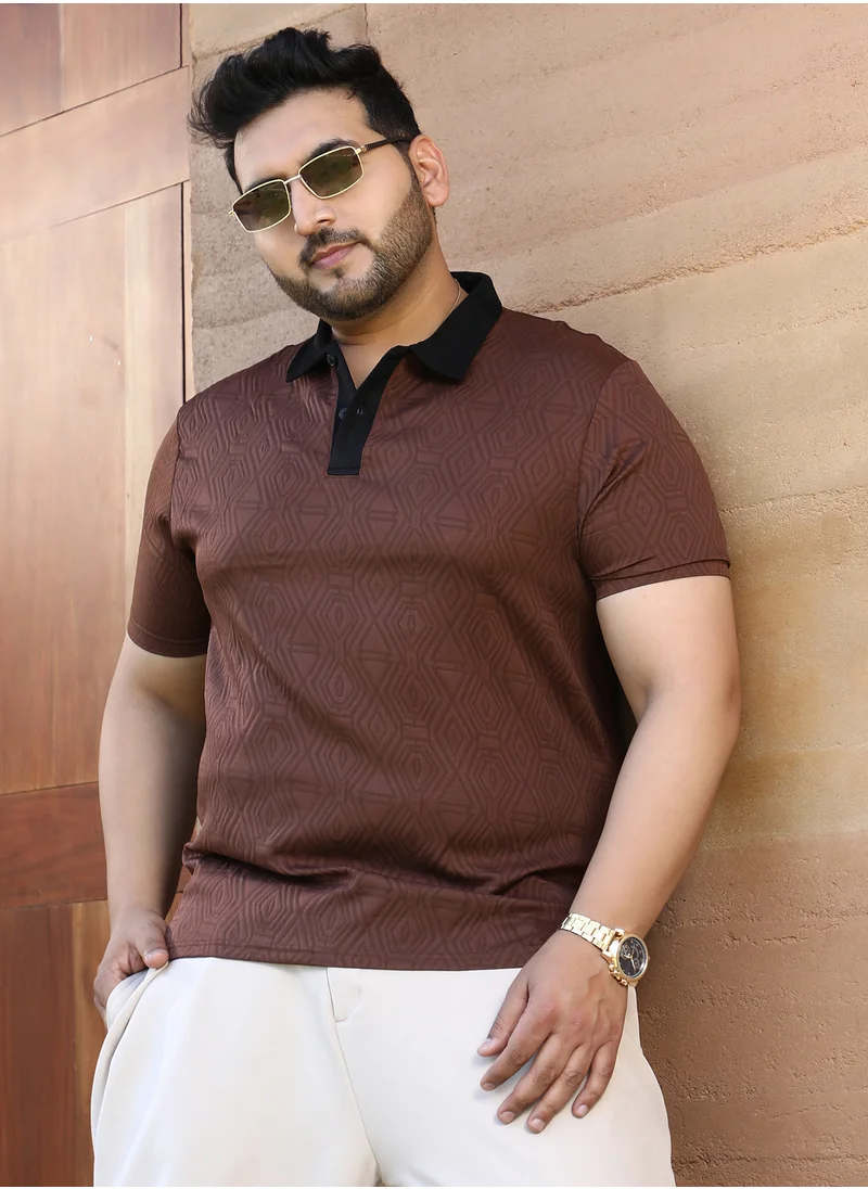 انستافاب بلس Instafab Plus Men's Brown & Black Triad Contrast Polo T-Shirt For Casual Wear | Polo Neck | Short Sleeves | Half-Button Closure | Plus Size T-Shirt Crafted With Comfort Fit For Everyday Wear