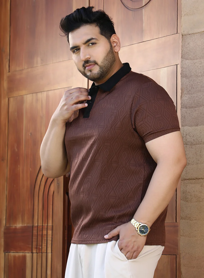 انستافاب بلس Instafab Plus Men's Brown & Black Triad Contrast Polo T-Shirt For Casual Wear | Polo Neck | Short Sleeves | Half-Button Closure | Plus Size T-Shirt Crafted With Comfort Fit For Everyday Wear