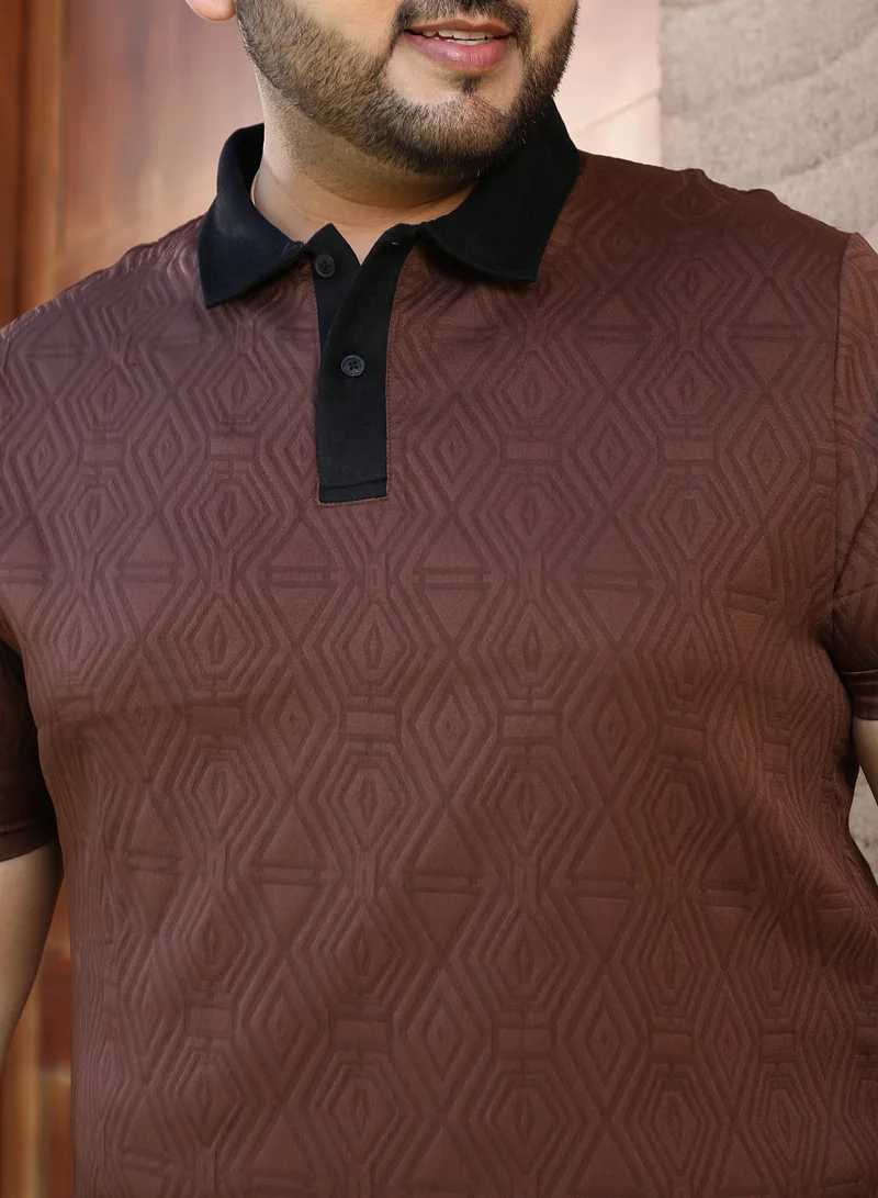 انستافاب بلس Instafab Plus Men's Brown & Black Triad Contrast Polo T-Shirt For Casual Wear | Polo Neck | Short Sleeves | Half-Button Closure | Plus Size T-Shirt Crafted With Comfort Fit For Everyday Wear