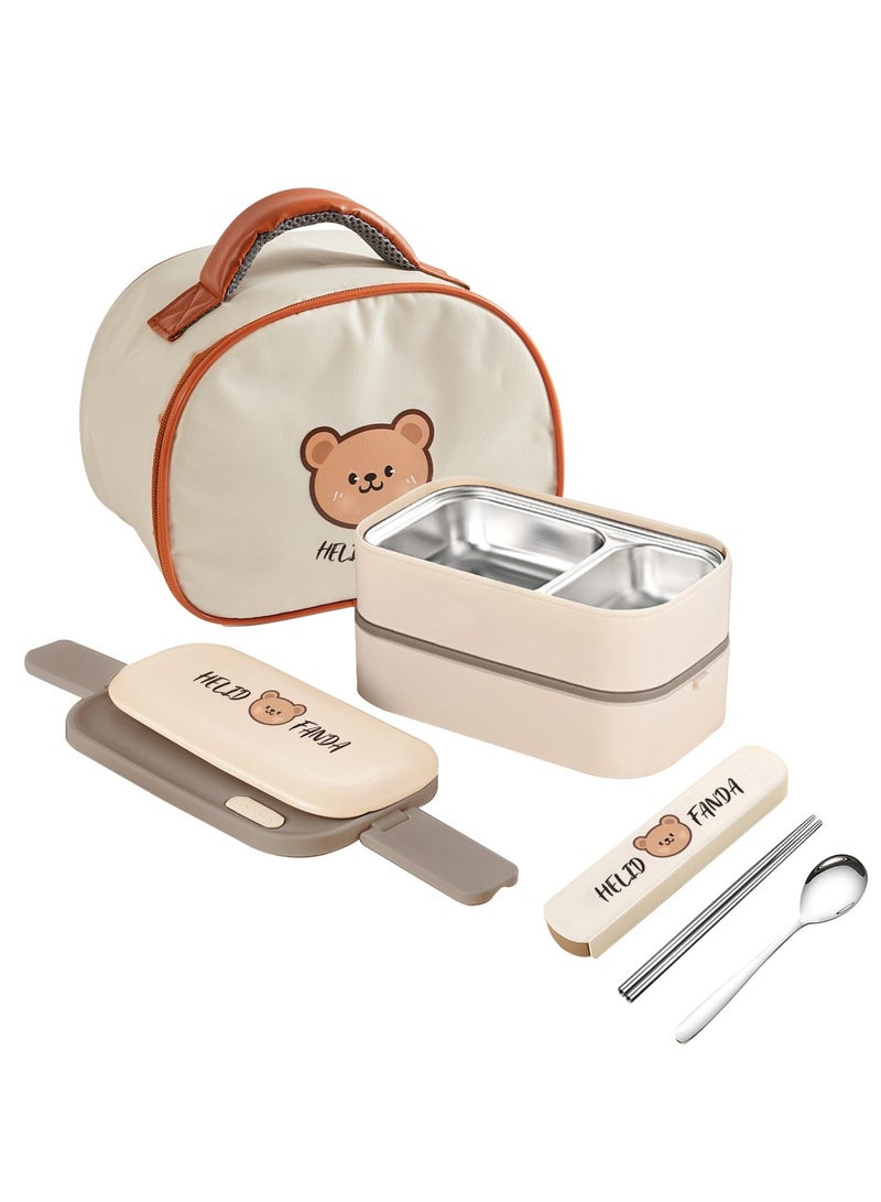 XiuWoo Bento Lunch Box Set with Bag Stainless Steel Lunch Containers for Adults Two Layers Stackable Bento Boxes with Compartment Microwave Dishwasher Freezer Safe,Beige  - Image 1