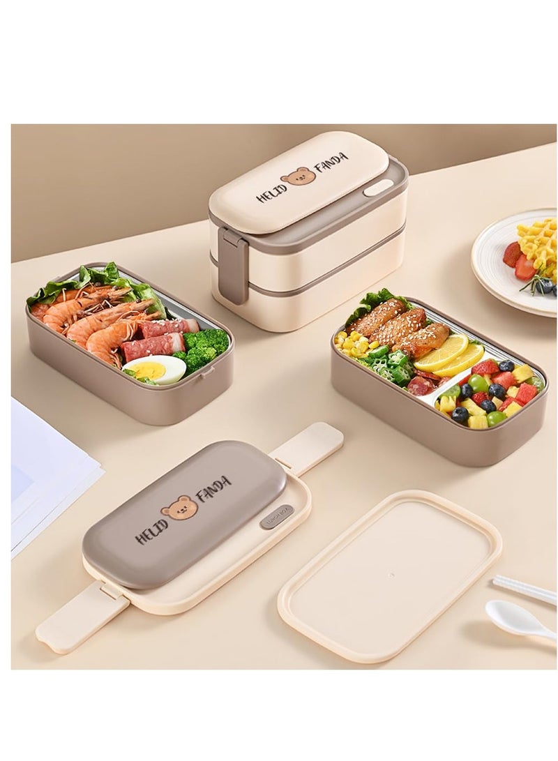XiuWoo Bento Lunch Box Set with Bag Stainless Steel Lunch Containers for Adults Two Layers Stackable Bento Boxes with Compartment Microwave Dishwasher Freezer Safe,Beige  - Image 2