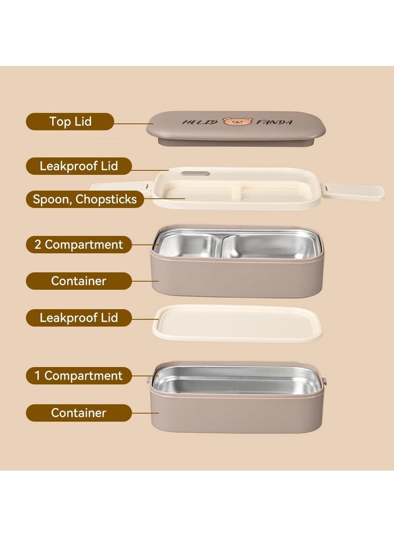 XiuWoo Bento Lunch Box Set with Bag Stainless Steel Lunch Containers for Adults Two Layers Stackable Bento Boxes with Compartment Microwave Dishwasher Freezer Safe,Beige  - Image 3
