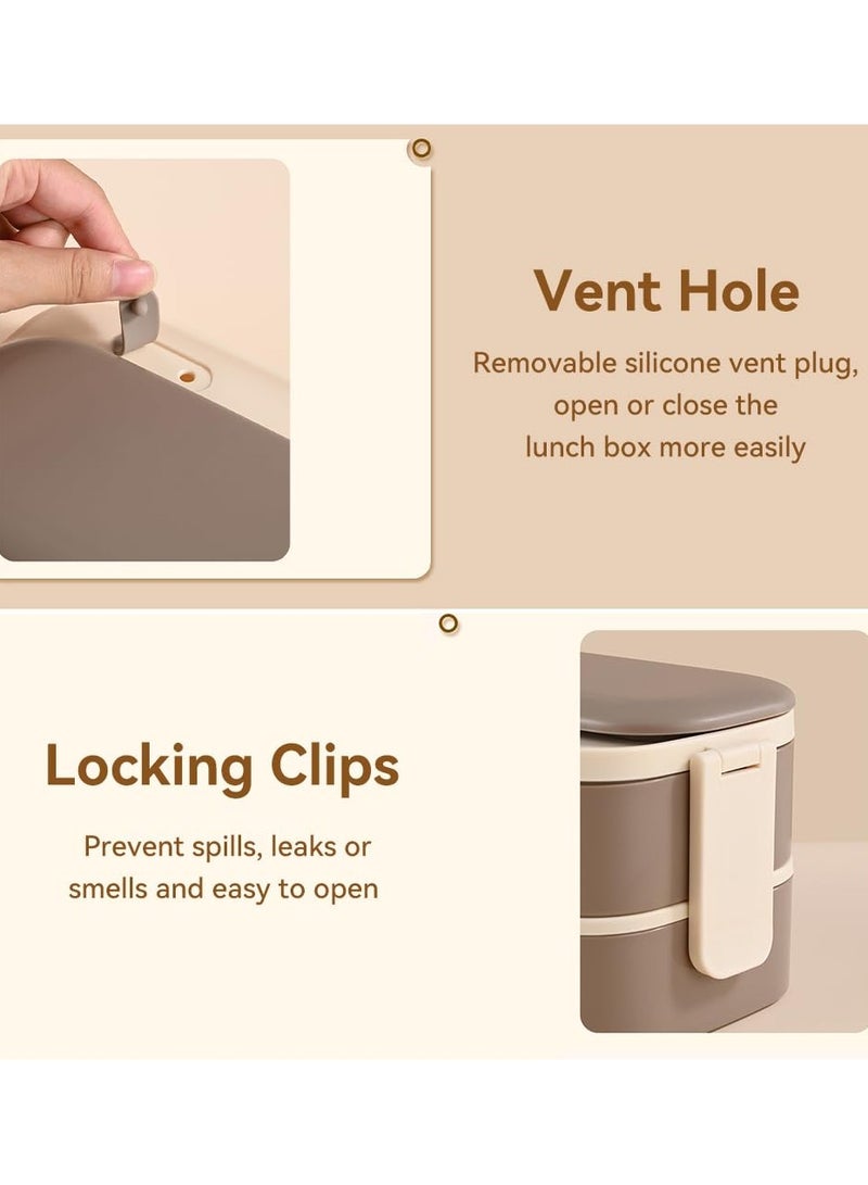 XiuWoo Bento Lunch Box Set with Bag Stainless Steel Lunch Containers for Adults Two Layers Stackable Bento Boxes with Compartment Microwave Dishwasher Freezer Safe,Beige  - Image 4
