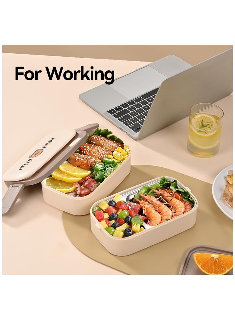 XiuWoo Bento Lunch Box Set with Bag Stainless Steel Lunch Containers for Adults Two Layers Stackable Bento Boxes with Compartment Microwave Dishwasher Freezer Safe,Beige  - Image 5