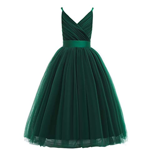 Glamulice Emerald Green Flower Girl Dress Lace Bridesmaid Long A Line Wedding Pageant Dresses Tulle Spaghetti Strap Party Gown Prom Photo Shoot Holiday Christmas Formal Princess Dance Ball Gown 4 - Image 1