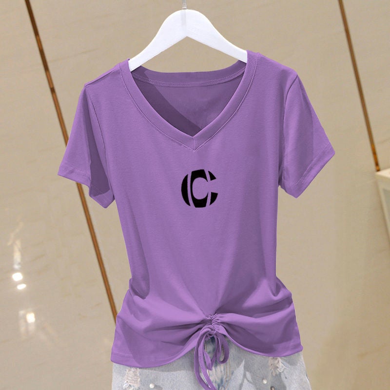 Summer Plus Size Cotton V-Neck Slimming Tee for Women Purple-Letter-C