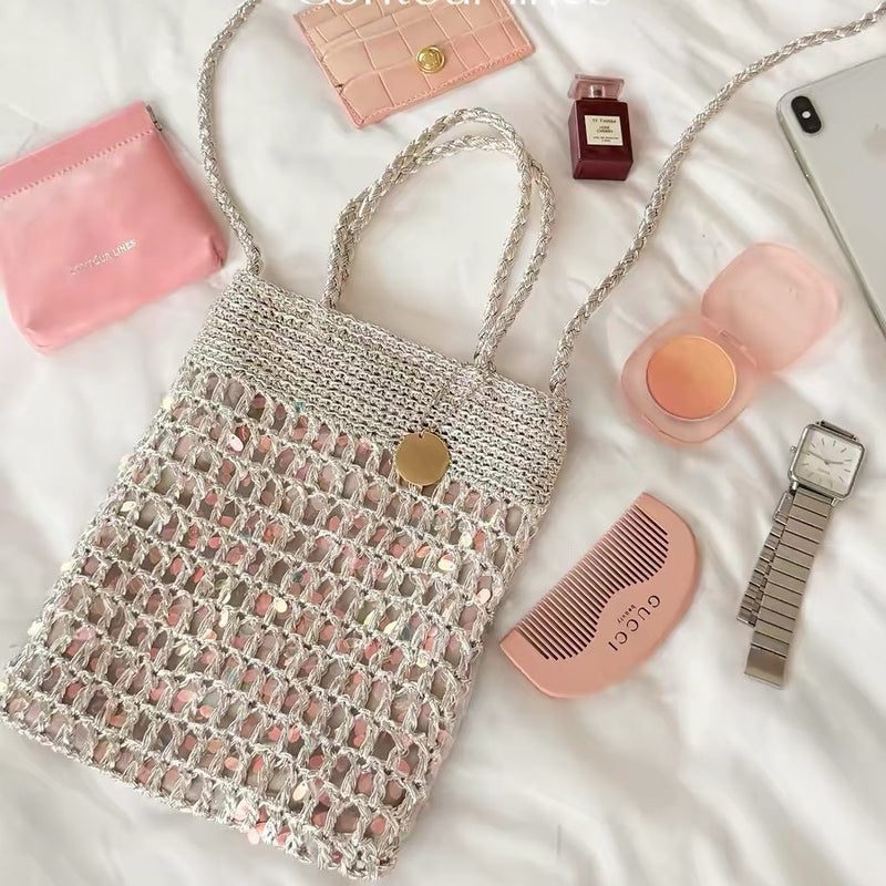 2026 New Korean Sequined Silver Thread Hand Crochet Crossbody Bag for Women - Image 1