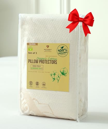 MATTSHIELD ORIGINAL 2-Pack Deluxe Organic Cotton Pillow Protectors Queen Size - Certified Organic, Waterproof, Zippered Encasement, Ultra-Soft Knit Fabric, Thick 280 GSM Cotton - Image 1