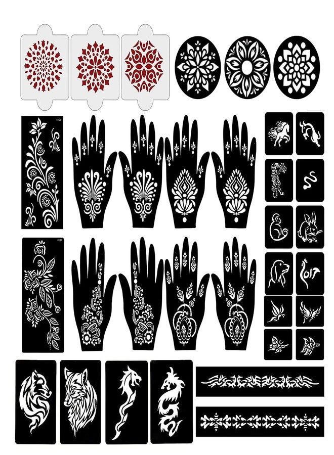 إيفاناز مجموعة إيفانا المكونة من 34 قطعة من قوالب الحناء القابلة لإعادة الاستخدام لليدين والمعصم والجسم والظهر والرقبة والوجه، عبوة كومبو من القوالب للنساء والفتيات والأطفال، سهلة الاستخدام في 4 خطوات فقط، مجموعة تصميم هندي، A2297 - Image 1