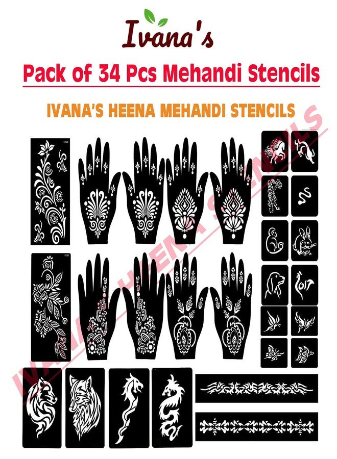 إيفاناز مجموعة إيفانا المكونة من 34 قطعة من قوالب الحناء القابلة لإعادة الاستخدام لليدين والمعصم والجسم والظهر والرقبة والوجه، عبوة كومبو من القوالب للنساء والفتيات والأطفال، سهلة الاستخدام في 4 خطوات فقط، مجموعة تصميم هندي، A2297 - Image 3