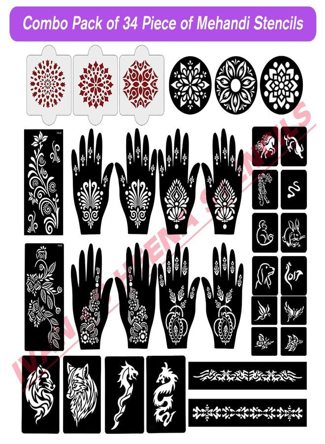 إيفاناز مجموعة إيفانا المكونة من 34 قطعة من قوالب الحناء القابلة لإعادة الاستخدام لليدين والمعصم والجسم والظهر والرقبة والوجه، عبوة كومبو من القوالب للنساء والفتيات والأطفال، سهلة الاستخدام في 4 خطوات فقط، مجموعة تصميم هندي، A2297 - Image 2