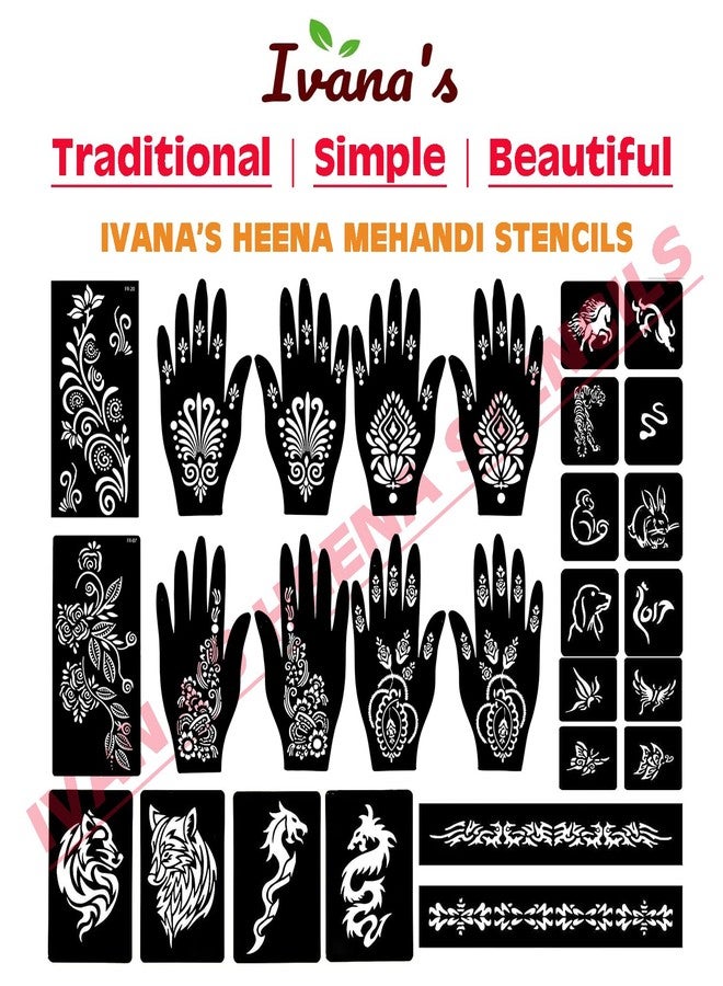 إيفاناز مجموعة إيفانا المكونة من 34 قطعة من قوالب الحناء القابلة لإعادة الاستخدام لليدين والمعصم والجسم والظهر والرقبة والوجه، عبوة كومبو من القوالب للنساء والفتيات والأطفال، سهلة الاستخدام في 4 خطوات فقط، مجموعة تصميم هندي، A2297 - Image 5