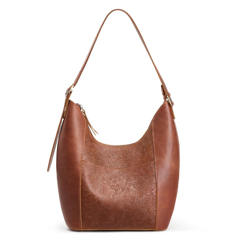 S-ZONE Leather Shoulder Bag for Women Hobo Bag Top Handle Handbag Satchel Purse Rose Pattern - Image 1