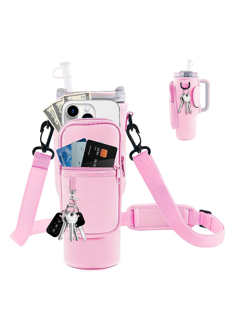 Generic Water Bottle Carrier Bag with Phone Pocket for Stanle 40oz Tumbler Water Bottle Holder Pouch with Adjustable Shoulder Strap and Carabiner Stanle Cup Accessories for Hiking Travelling Camping  - Image 1