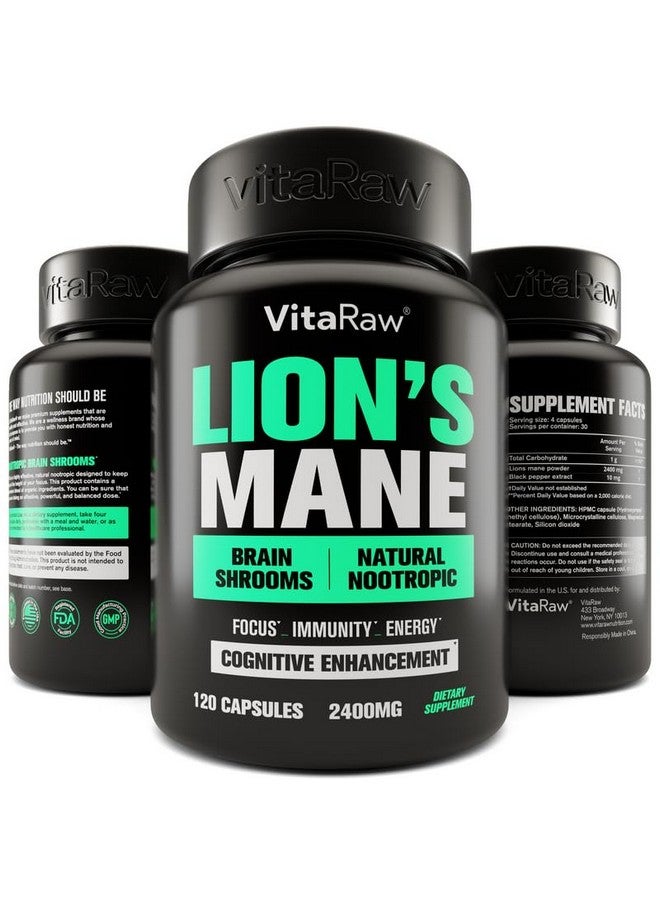 VitaRaw Organic Lions Mane Supplement Capsules 2400 mg - Powerful Nootropic - Helps Maintain Memory, Energy, and Mental Clarity - Vegan Brain Booster Focus Pills - Real Lion's Mane Supplement - Melena de Leon - Image 1