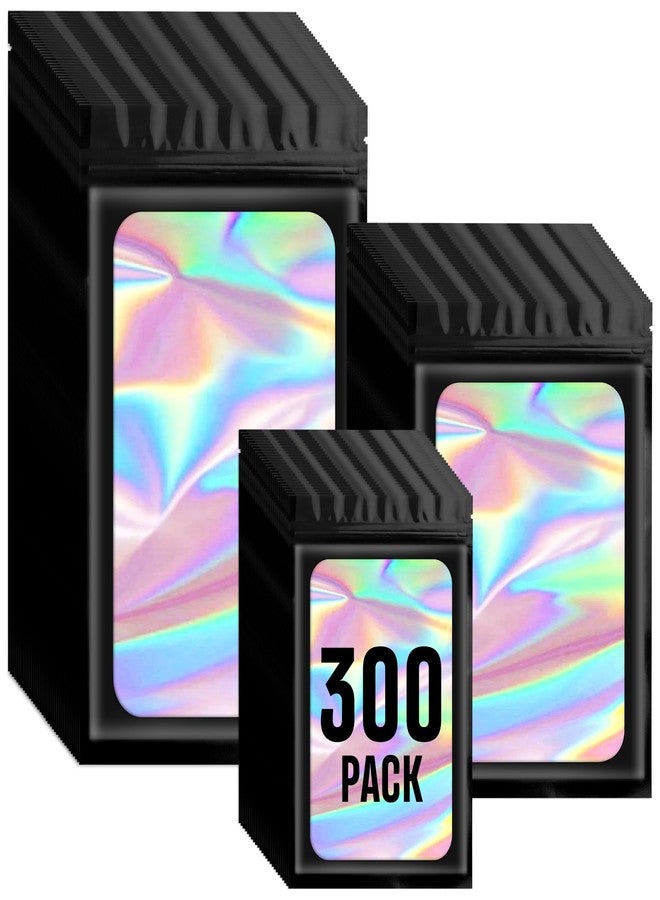Funfery 300 Pack 3 Size Mylar Holographic Bags with Clear Window,Resealable Bag Smell Proof Bags Zipper Foil Baggie Packaging Pouch for Food Storage,Sample,Small Business(Black,3x4.7,4x6,4.7x7.9in) - Image 1