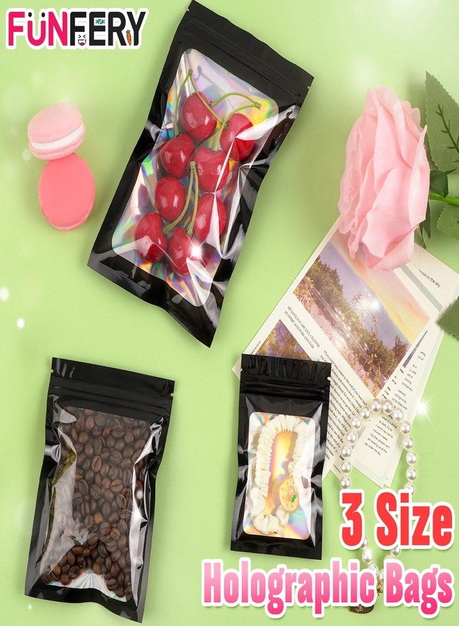 Funfery 300 Pack 3 Size Mylar Holographic Bags with Clear Window,Resealable Bag Smell Proof Bags Zipper Foil Baggie Packaging Pouch for Food Storage,Sample,Small Business(Black,3x4.7,4x6,4.7x7.9in) - Image 3