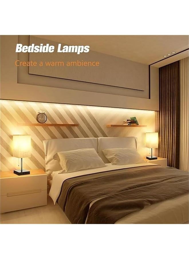 HOOKOR Table Lamp for Bedroom, Warm White Bedside Lamps with AC Outlets, Square Pull Chain Nightstand Lamp for Living Room, Office Desk, LED Bulb not Included (Cream White), QXZXE0024  - Image 2