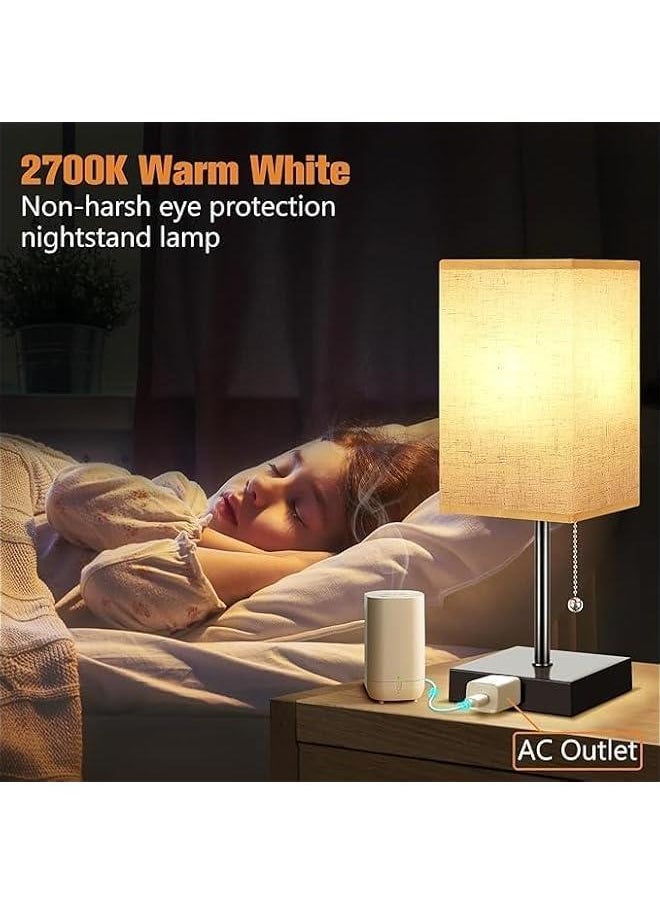 HOOKOR Table Lamp for Bedroom, Warm White Bedside Lamps with AC Outlets, Square Pull Chain Nightstand Lamp for Living Room, Office Desk, LED Bulb not Included (Cream White), QXZXE0024  - Image 3