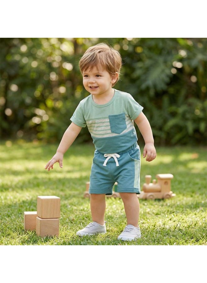 FOCUTEBB Toddler Boy Clothes Baby Boys Summer Outfits Patchwork Short Sleeve T-Shirt Shorts Set Summer Clothes Set 12M-4T, Light Green, 3-4 years - Image 2