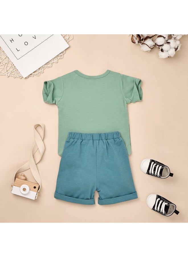 FOCUTEBB Toddler Boy Clothes Baby Boys Summer Outfits Patchwork Short Sleeve T-Shirt Shorts Set Summer Clothes Set 12M-4T, Light Green, 3-4 years - Image 3