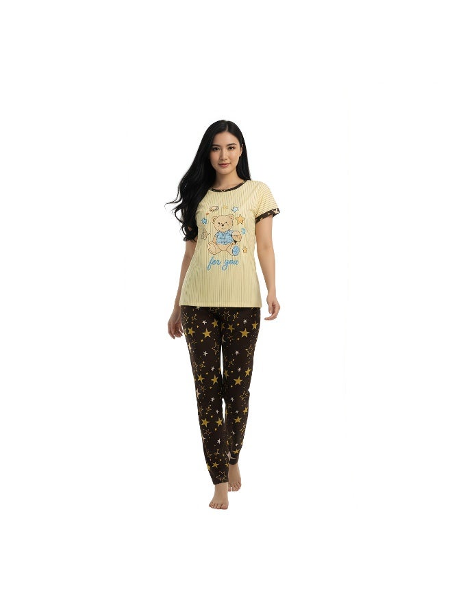 JOANNA Women's For You Print Short Sleeve Shirt & Long Pants Pajama Set, Yellow - Image 1
