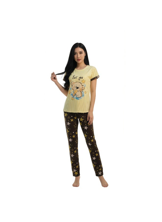JOANNA Women's For You Print Short Sleeve Shirt & Long Pants Pajama Set, Yellow - Image 3