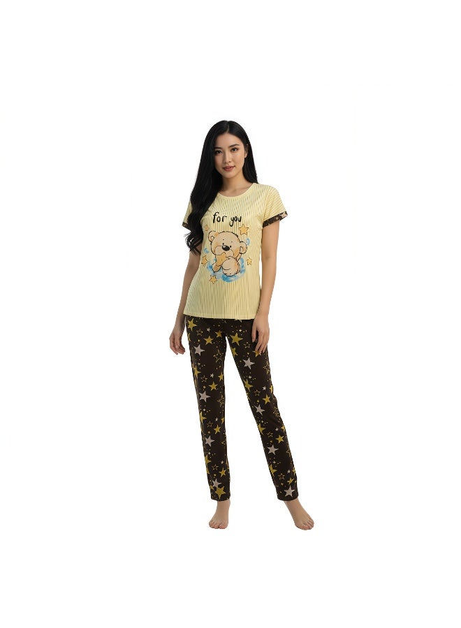 JOANNA Women's For You Print Short Sleeve Shirt & Long Pants Pajama Set, Yellow - Image 2
