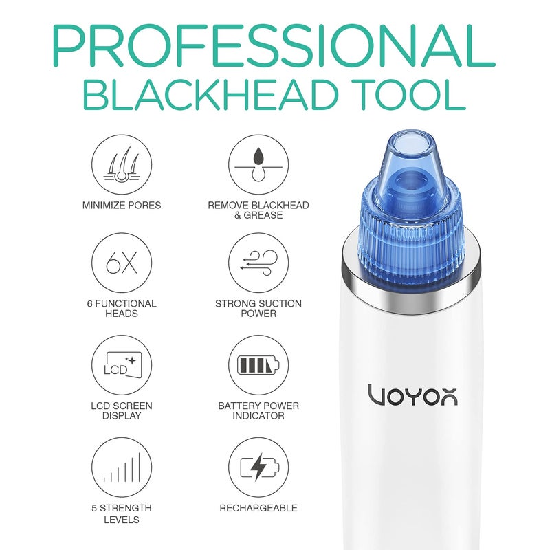 VOYOR Blackhead Remover Pore Vacuum â€“ Electric Acne Extractor Tool with LCD Screen and 5 Suction Levels, 6 Replaceable Heads, USB Rechargeable Pore Cleaner for Women & Men (BR510) - Image 2