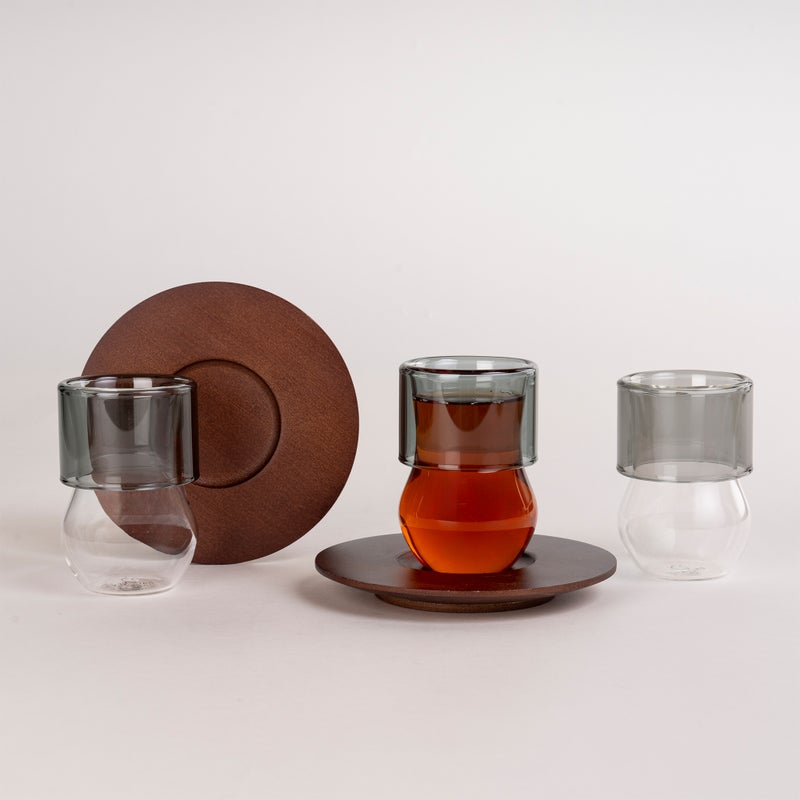 Dallaty white glass and wood tea cups set 12 pcs - Image 1