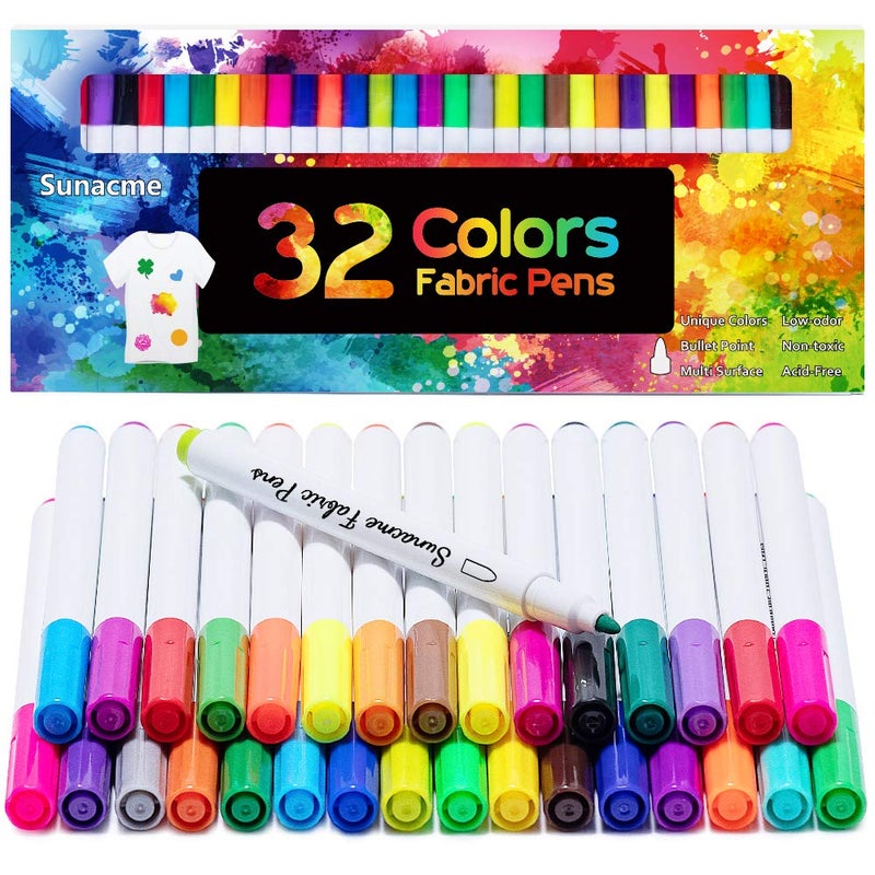 sunacme Fabric Markers Pen, 32 Colors Permanent Fabric Paint Pens for T-Shirt, Fine Tips Art Marker Set for Canvas Bags Hats Sneakers and Textiles - Image 1
