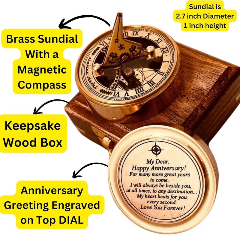ALADEAN Anniversary Sundial Gift for Him or Her Sundial Clock Compass - Unique Gift for Husband or Wife, Men 1st Wedding Anniversary 50th 40th 25th 20th Year Celebration (Anniversary Sundial Wood Box) - Image 2