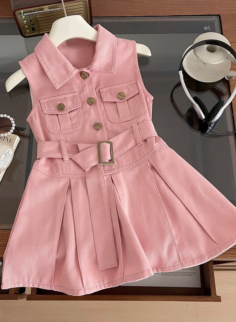 Girl's Sleeveless Waist Cinched Slim Fit Denim Dress  - Image 1