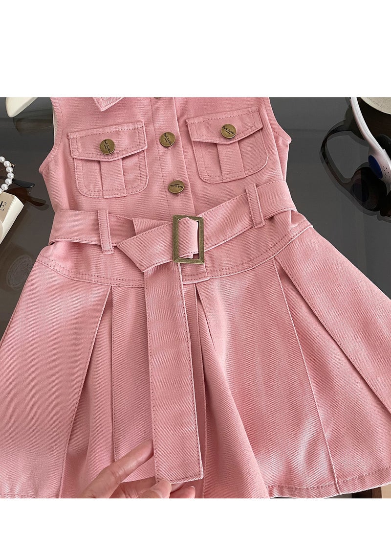 Girl's Sleeveless Waist Cinched Slim Fit Denim Dress  - Image 3