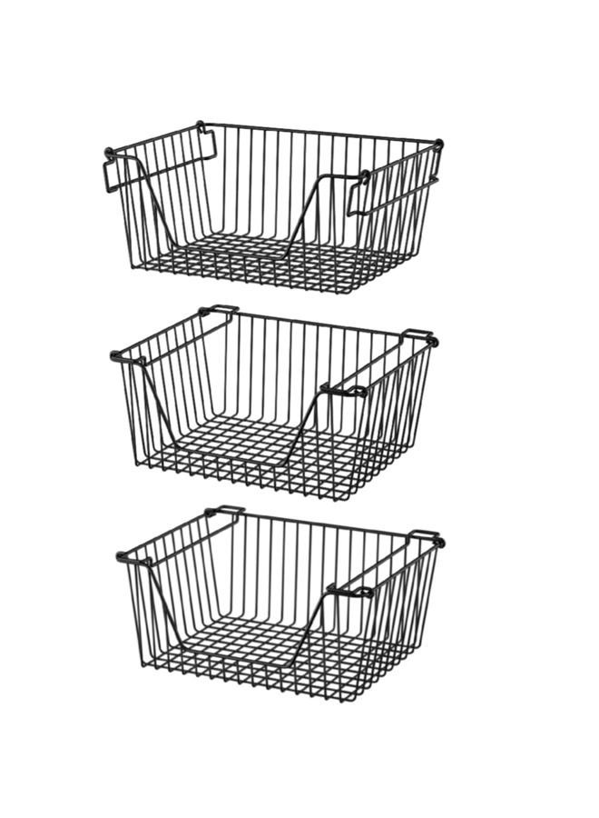 Slideep Wire Storage Baskets, Freezer Baskets Farmhouse Stackable Organizer Storage Bins Large Organizer for Storage, Office, Bathroom, Pantry Organization Storage with Handles 14" Black -Set of 3 - Image 1