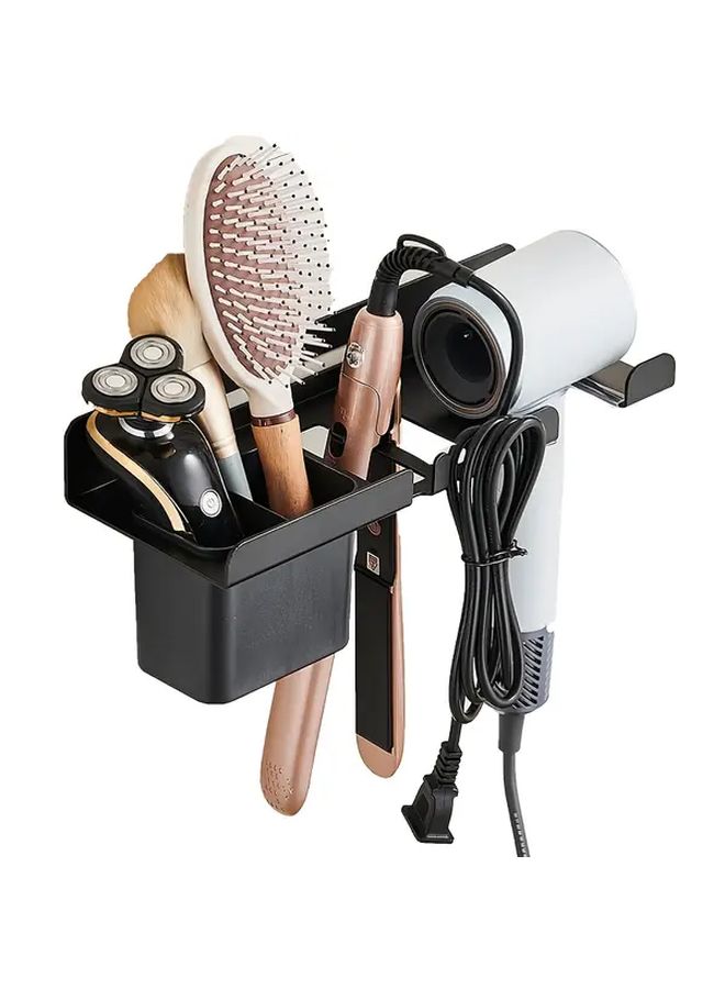 No Drill Blow Dryer Holder Black With Hair Styling Organizer For Bathroom - Image 1