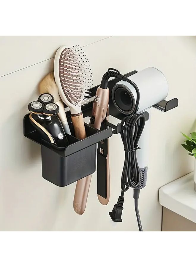 No Drill Blow Dryer Holder Black With Hair Styling Organizer For Bathroom - Image 2