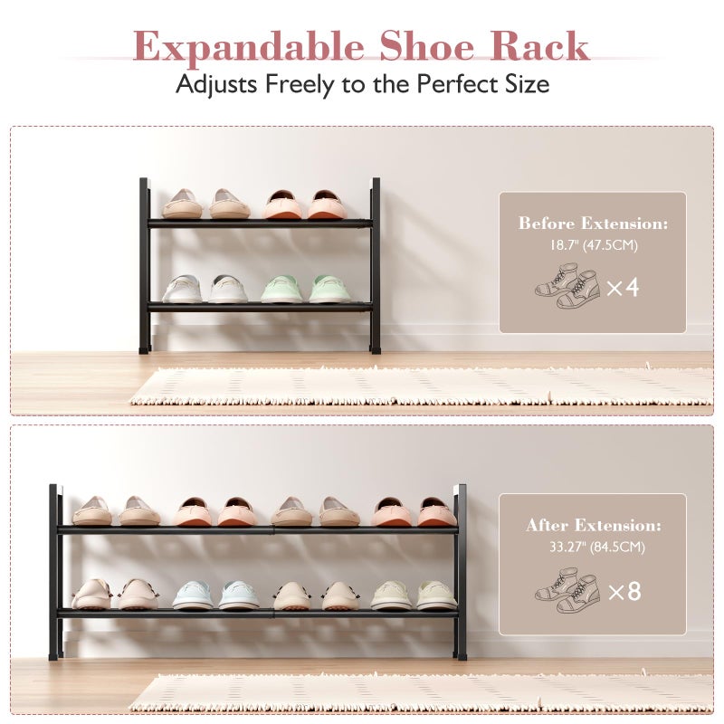 Bumusty 2 Tier Expandable Shoe Rack for Closet, 18â€œ-33â€ Adjustable Shoe Rack for Small Space, Small Shoe Organizer for Front Door, Sturdy Metal, Black - Image 4