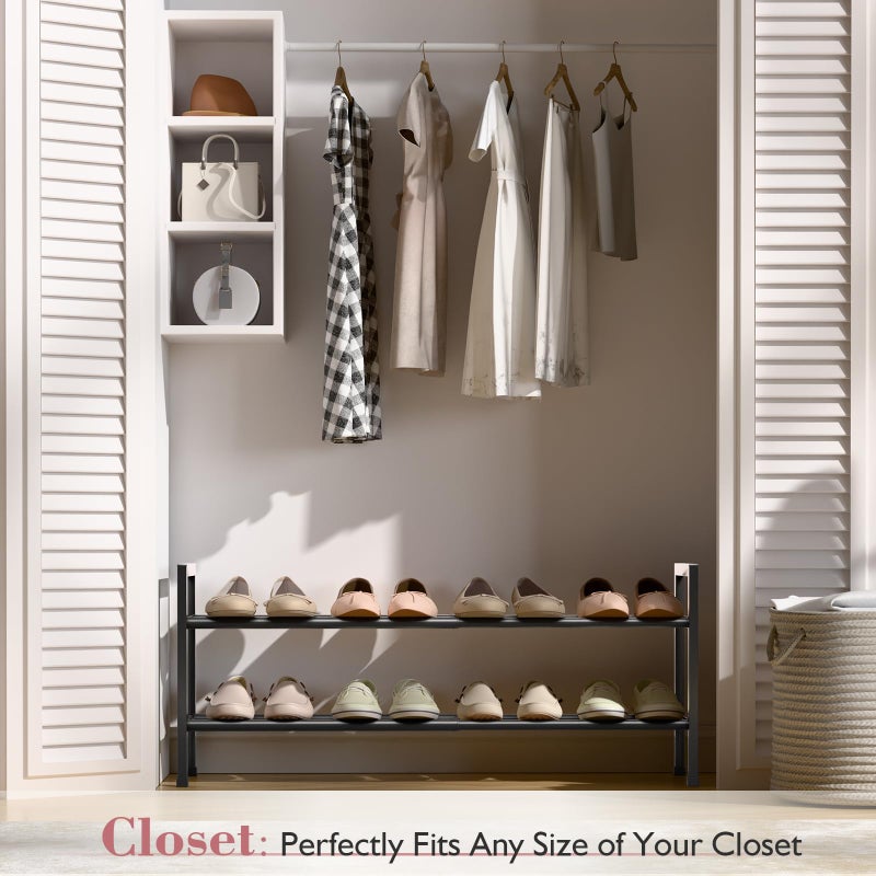 Bumusty 2 Tier Expandable Shoe Rack for Closet, 18â€œ-33â€ Adjustable Shoe Rack for Small Space, Small Shoe Organizer for Front Door, Sturdy Metal, Black - Image 2