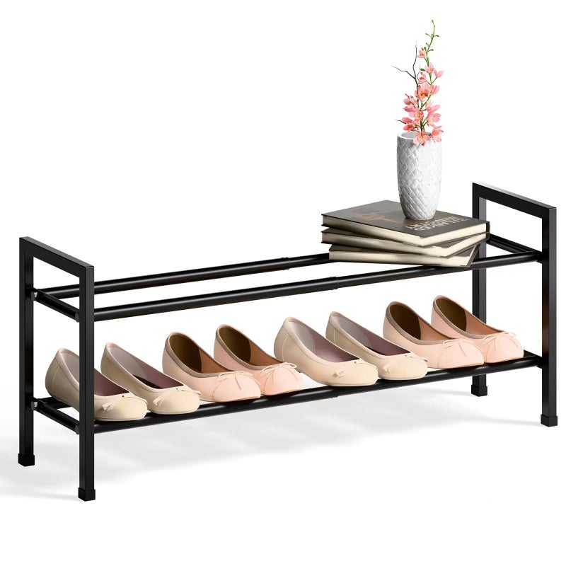 Bumusty 2 Tier Expandable Shoe Rack for Closet, 18â€œ-33â€ Adjustable Shoe Rack for Small Space, Small Shoe Organizer for Front Door, Sturdy Metal, Black - Image 1