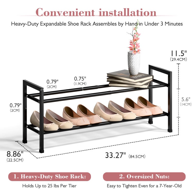Bumusty 2 Tier Expandable Shoe Rack for Closet, 18â€œ-33â€ Adjustable Shoe Rack for Small Space, Small Shoe Organizer for Front Door, Sturdy Metal, Black - Image 3