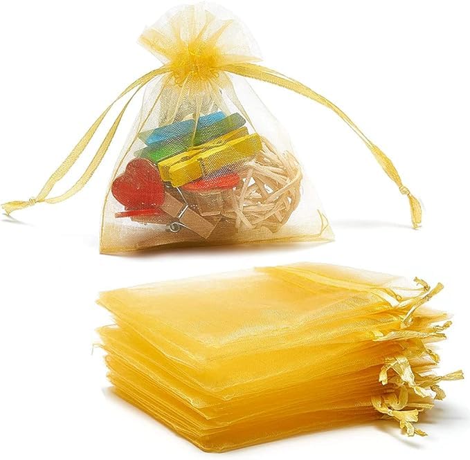 Avanti Creations Avanti Creations Plain Golden Net Tissue Transaprent Organza BagsOrganza Return Gift BagsDrawstring Pouches For Wedding Sheer Bags Pack Of 10 7 x 9 Cms - Image 1