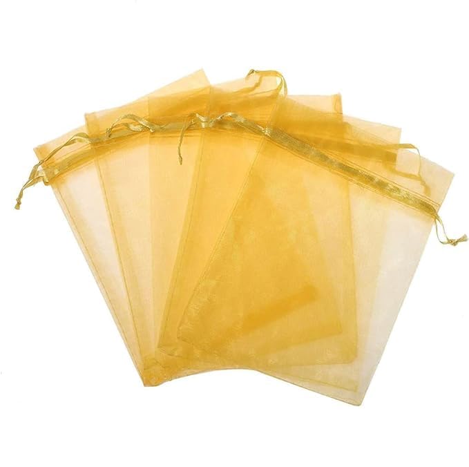 Avanti Creations Avanti Creations Plain Golden Net Tissue Transaprent Organza BagsOrganza Return Gift BagsDrawstring Pouches For Wedding Sheer Bags Pack Of 10 7 x 9 Cms - Image 3