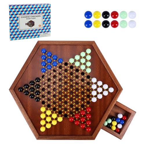 Offelec Wooden Chinese Checkers Set with Storage Drawer 13 inches Upgraded Version Game Board 6012 Acrylic Marbles in 6 Colors Classic Strategy Games for Adults and Kids Fun for Family Gathering - Image 1