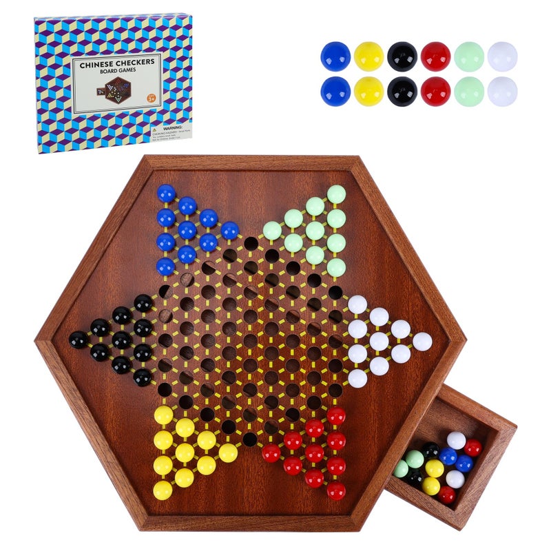 Offelec Wooden Chinese Checkers Set with Storage Drawer 13 inches Upgraded Version Game Board 6012 Acrylic Marbles in 6 Colors Classic Strategy Games for Adults and Kids Fun for Family Gathering - Image 2