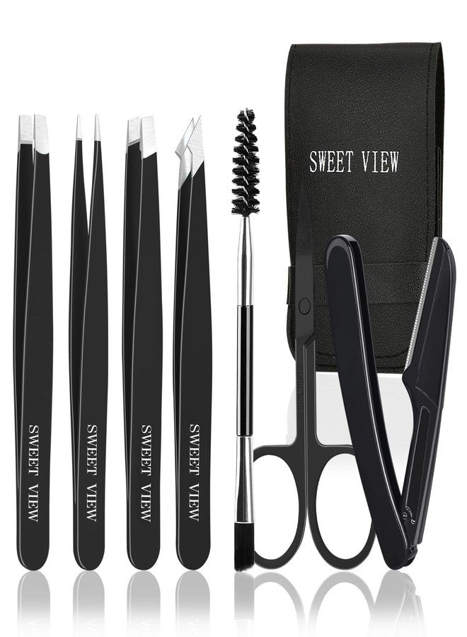 SWEET VIEW 7pcs Eyebrow Tweezers Kit for Women Precision Plucker with Brow Scissors & Razor & Spoolie for Facial, Chin, Brow, Splinter and Ingrown Hair - Image 1