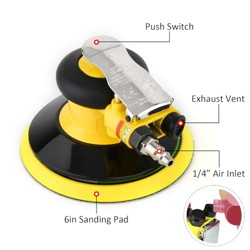 Gedu Professional Air Random Orbital Palm Sander, Dual Action Pneumatic Sander, Low Vibration, Heavy Duty … (6-inch Yellow) - Image 3