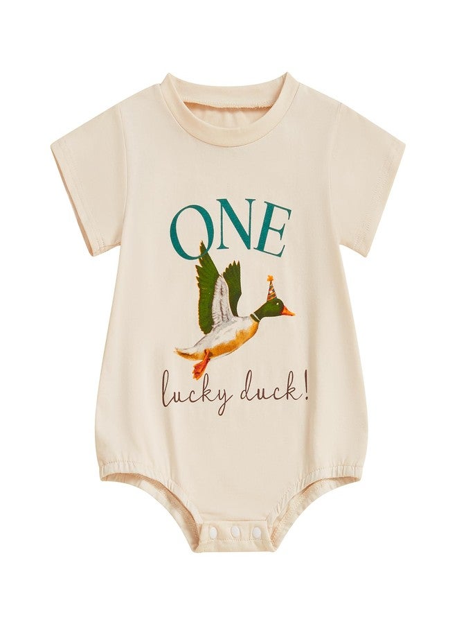 Frietlebird First Birthday Outfit Boy Baby Bubble Romper Short Sleeve Crewneck Shirt Bodysuit Tops Cute One Lucky Duck Birthday Outfit (A-Beige,12-18 Months) - Image 1