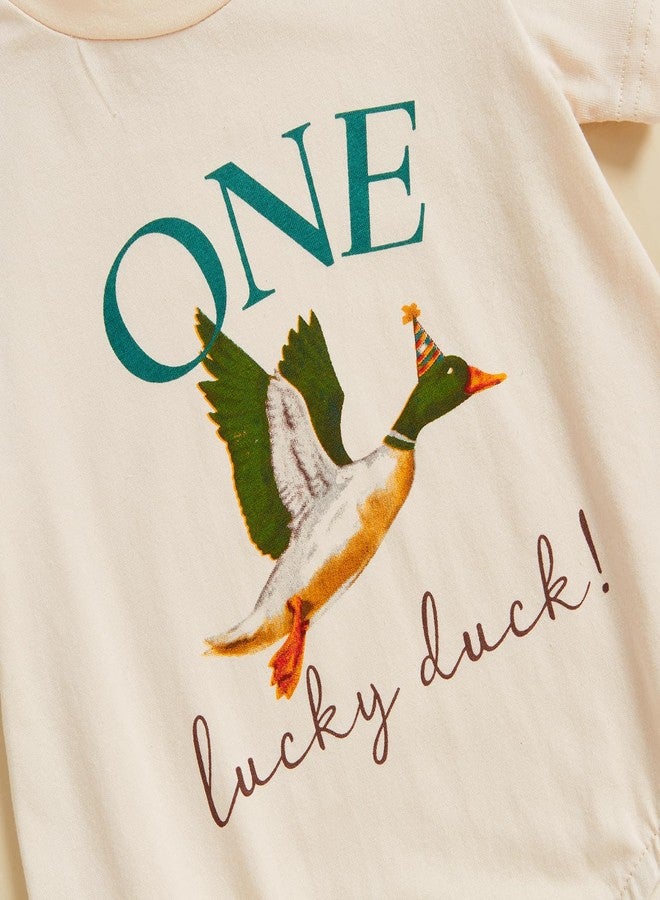 Frietlebird First Birthday Outfit Boy Baby Bubble Romper Short Sleeve Crewneck Shirt Bodysuit Tops Cute One Lucky Duck Birthday Outfit (A-Beige,12-18 Months) - Image 5