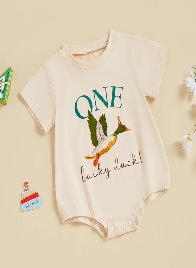 Frietlebird First Birthday Outfit Boy Baby Bubble Romper Short Sleeve Crewneck Shirt Bodysuit Tops Cute One Lucky Duck Birthday Outfit (A-Beige,12-18 Months) - Image 2